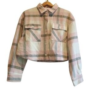 MABLE Womens Plaid Crop Shirt Jacket Pink‎ White Gray Button Up Large